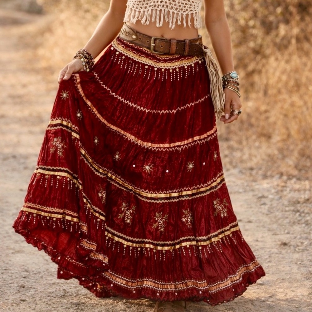 Vintage Y2K Velvet Maxi Skirt Red Tiered Gold Embroidered Bohemian Size L NWT